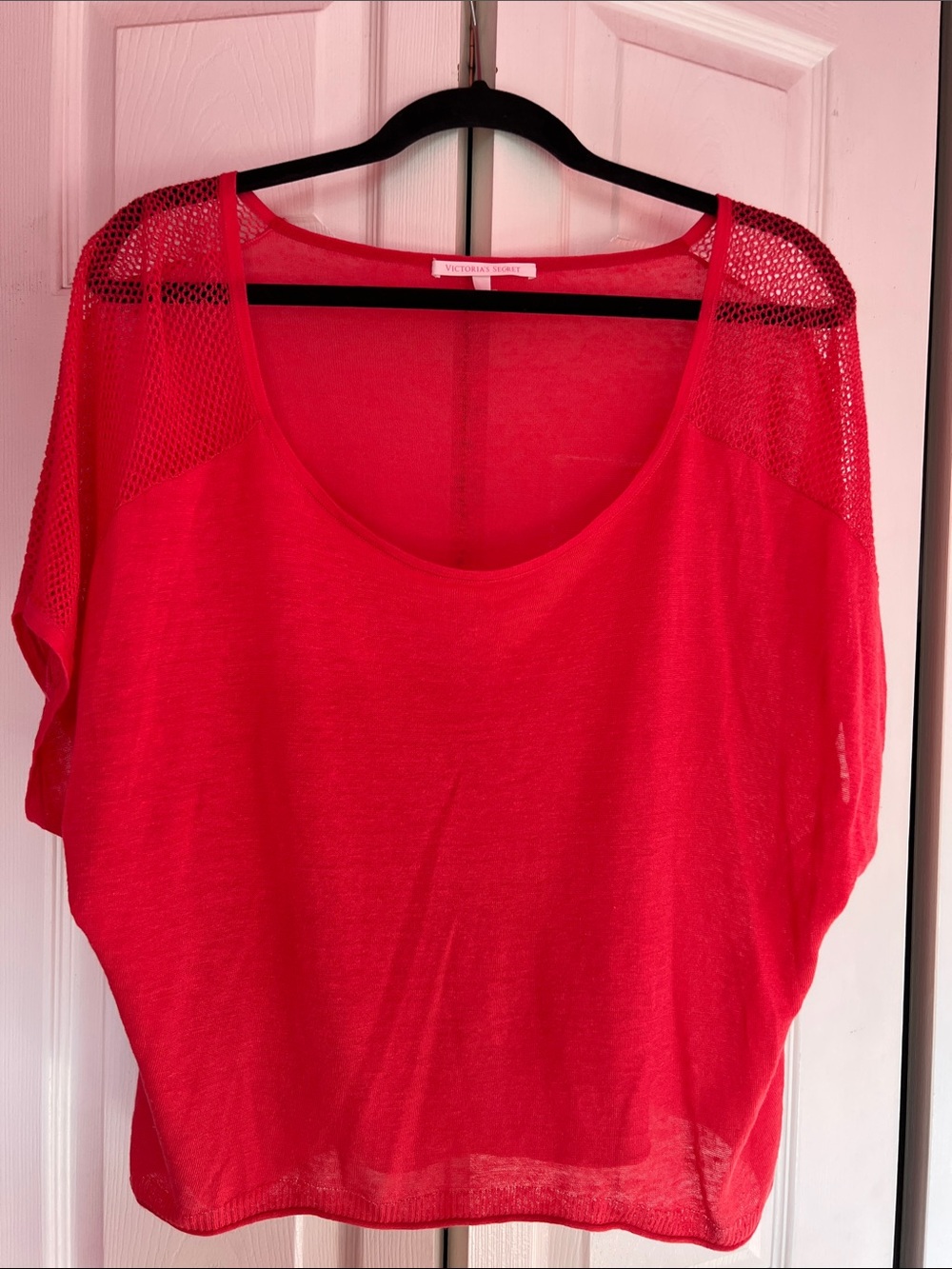 Victoria's Secret Bright Coral Mesh-Shoulder Scoop Top Size Medium